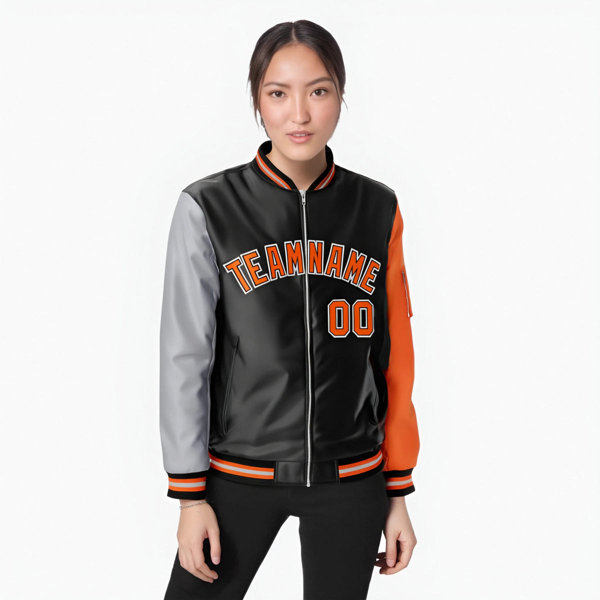 Custom Black Orange-Gray Varsity Full-Zip Raglan Sleeves Letterman Bomber Jacket