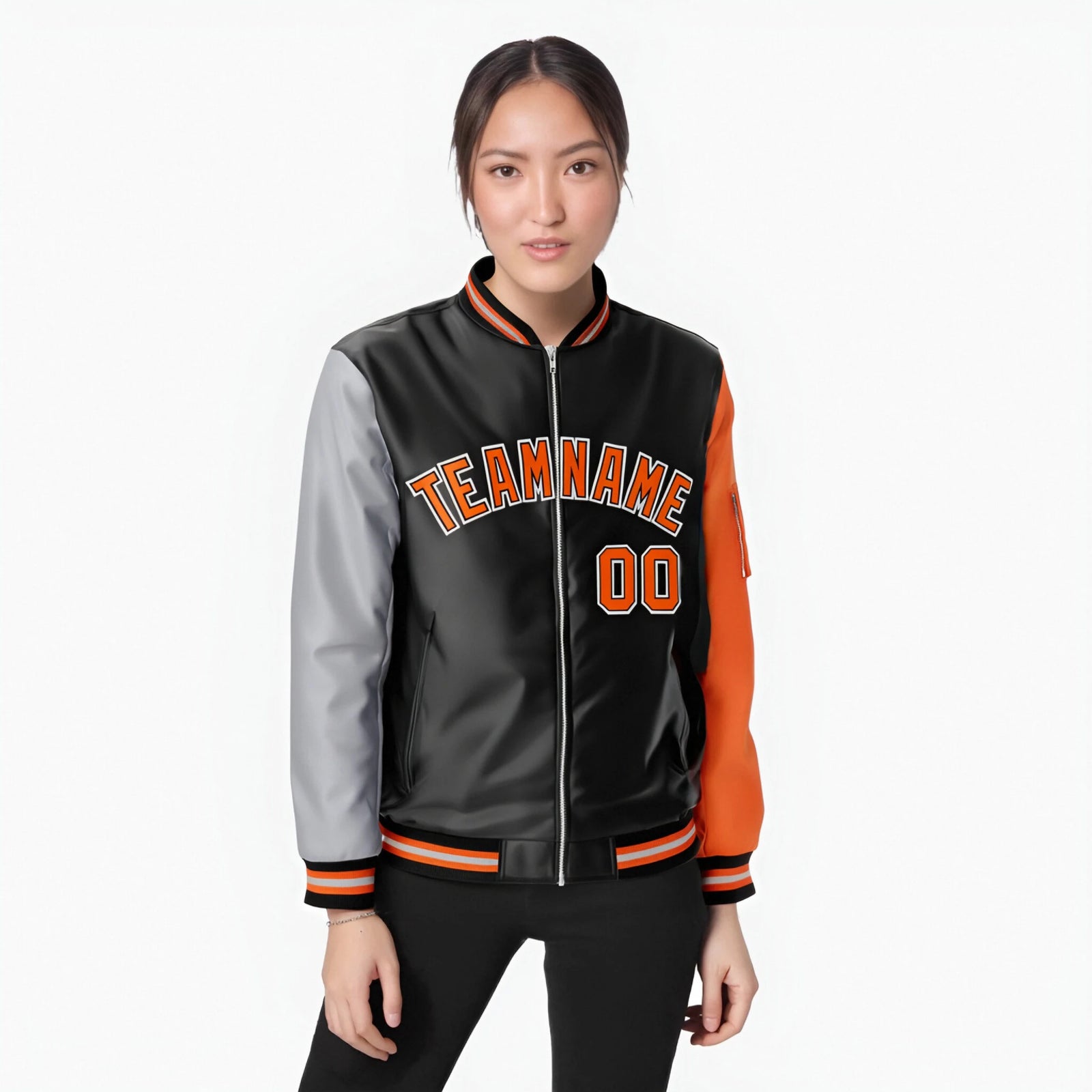 Custom Black Orange-Gray Varsity Full-Zip Raglan Sleeves Letterman Bomber Jacket