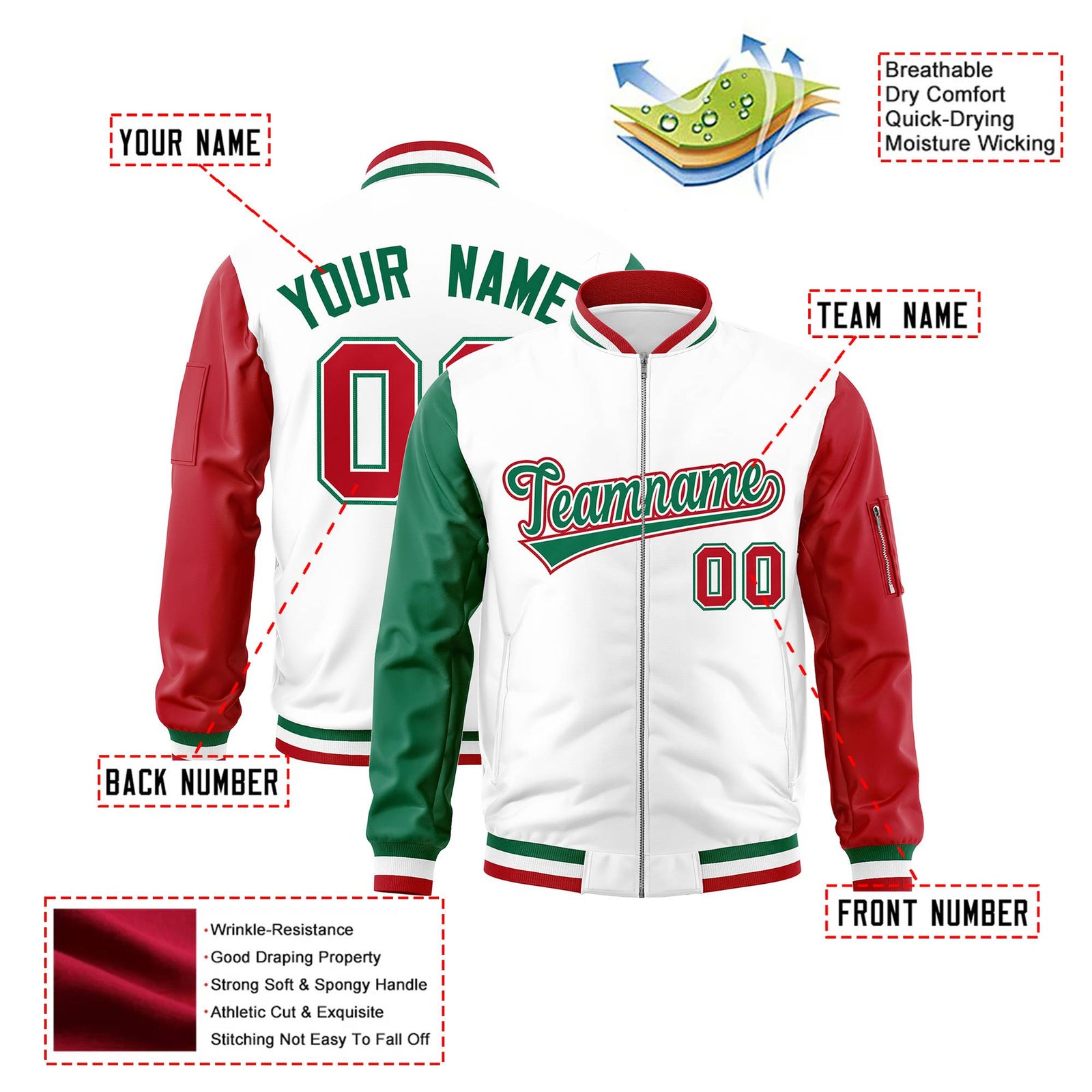Custom White Red-Green Varsity Full-Zip Raglan Sleeves Letterman Bomber Jacket