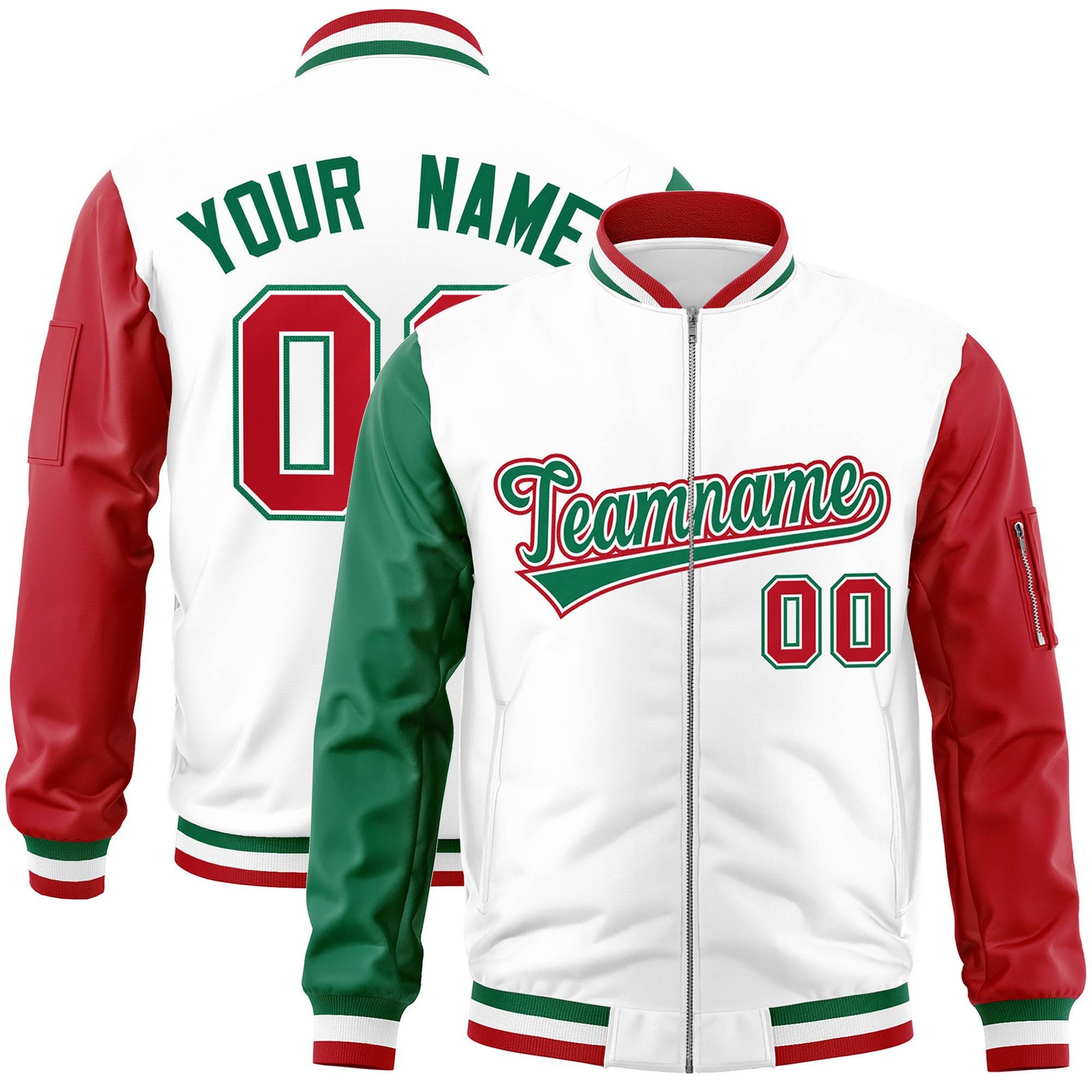 Custom White Red-Green Varsity Full-Zip Raglan Sleeves Letterman Bomber Jacket