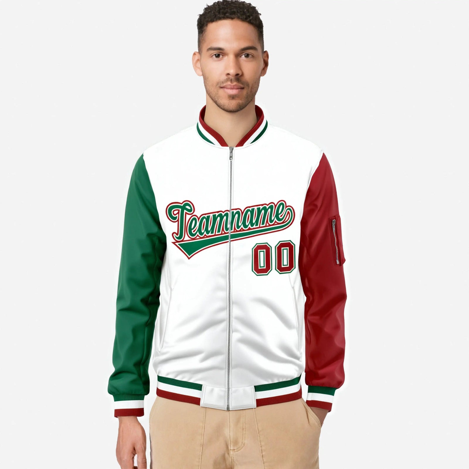 Custom White Red-Green Varsity Full-Zip Raglan Sleeves Letterman Bomber Jacket