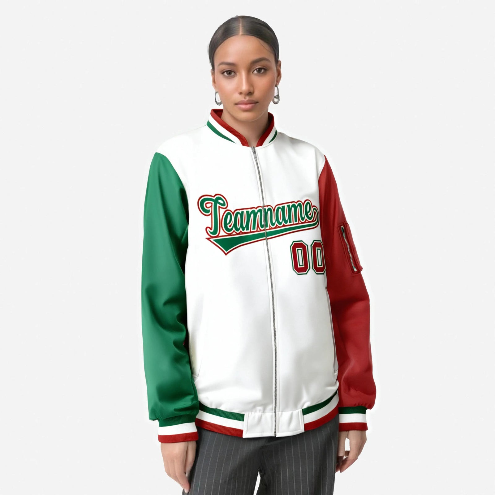 Custom White Red-Green Varsity Full-Zip Raglan Sleeves Letterman Bomber Jacket