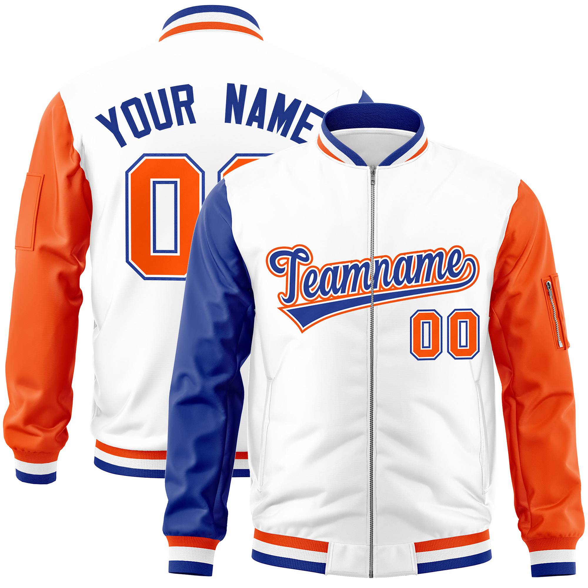 Custom White Orange-Royal Blue Varsity Full-Zip Raglan Sleeves Letterman Bomber Jacket