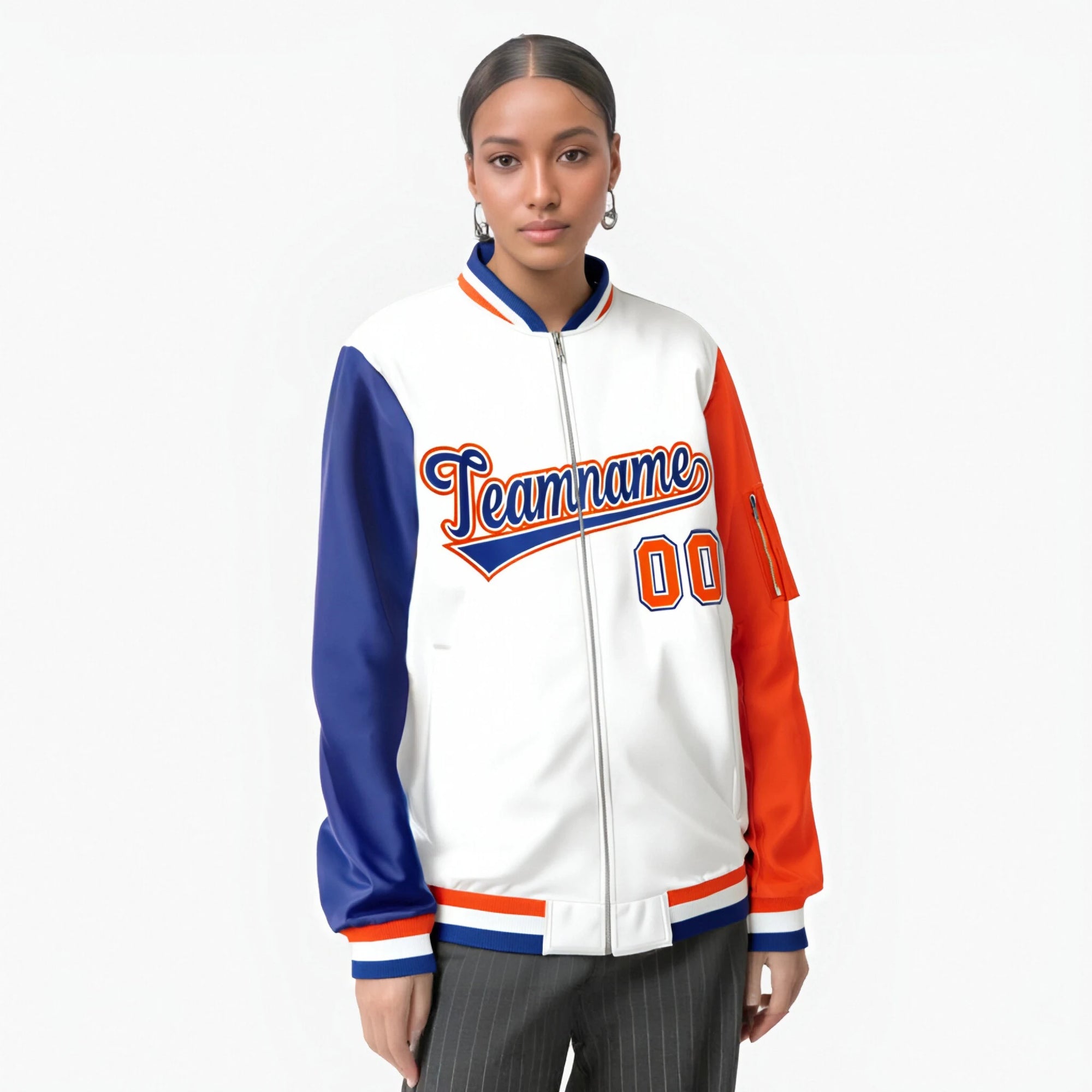 Custom White Orange-Royal Blue Varsity Full-Zip Raglan Sleeves Letterman Bomber Jacket