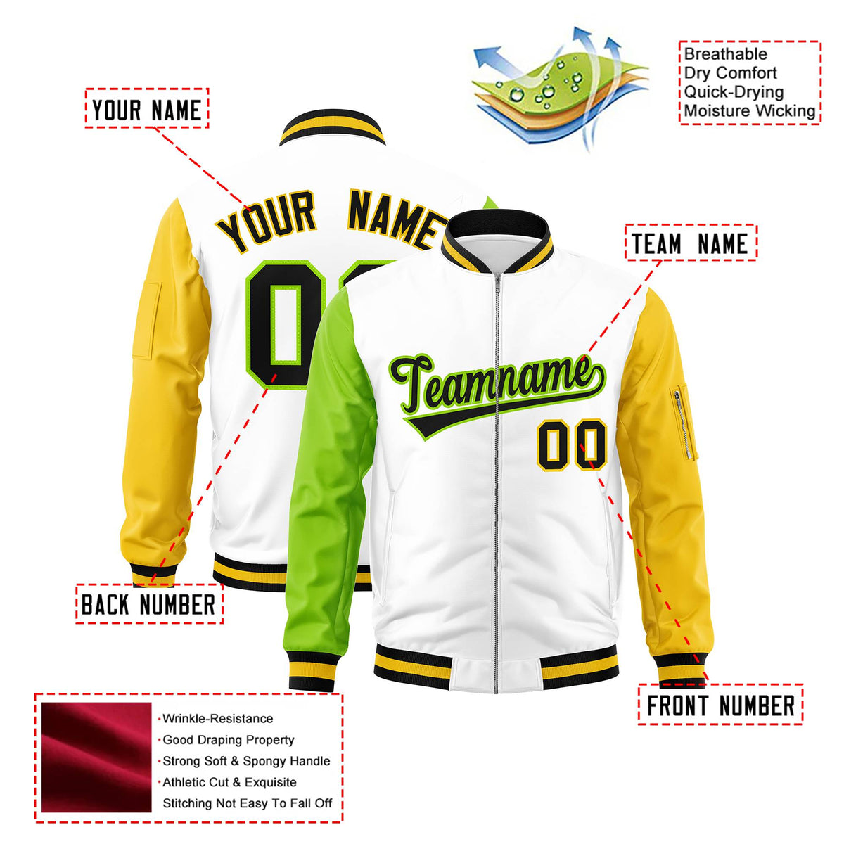 Custom White Gold-Neon Green Varsity Full-Zip Raglan Sleeves Letterman Bomber Jacket