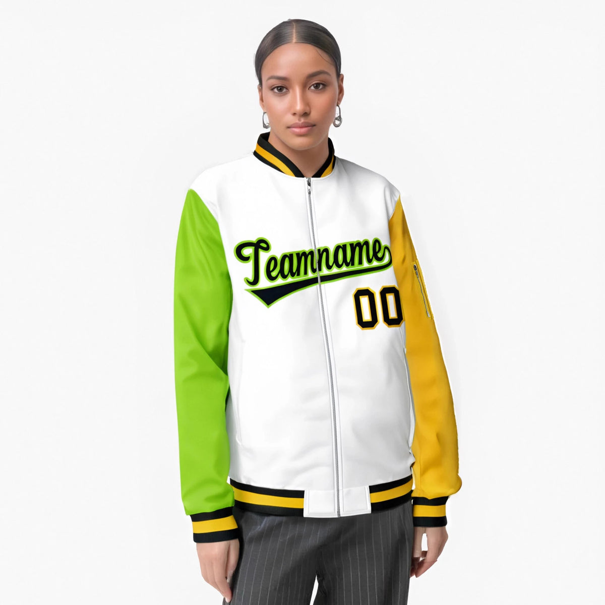 Custom White Gold-Neon Green Varsity Full-Zip Raglan Sleeves Letterman Bomber Jacket