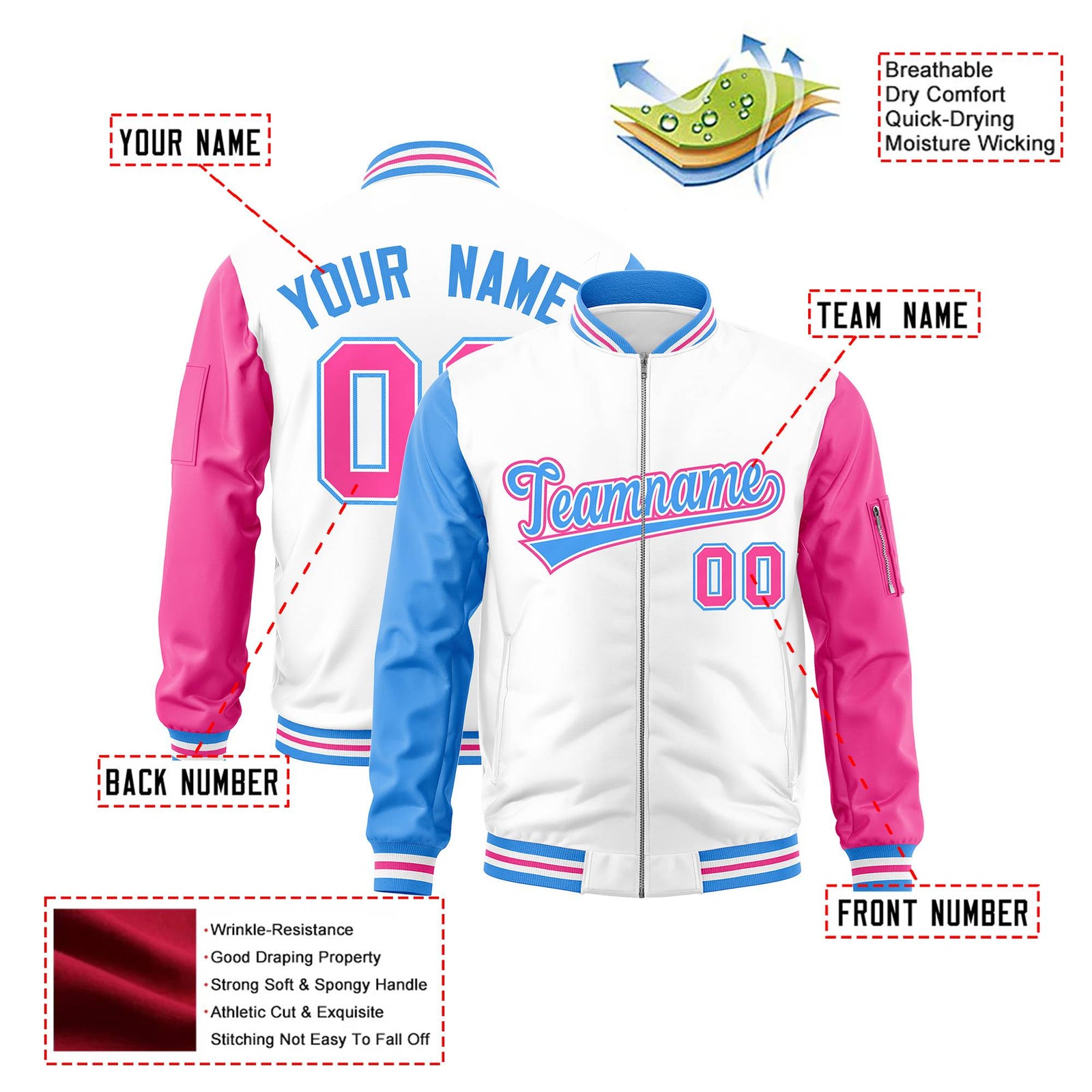 Custom White Pink-Powder Blue Varsity Full-Zip Raglan Sleeves Letterman Bomber Jacket