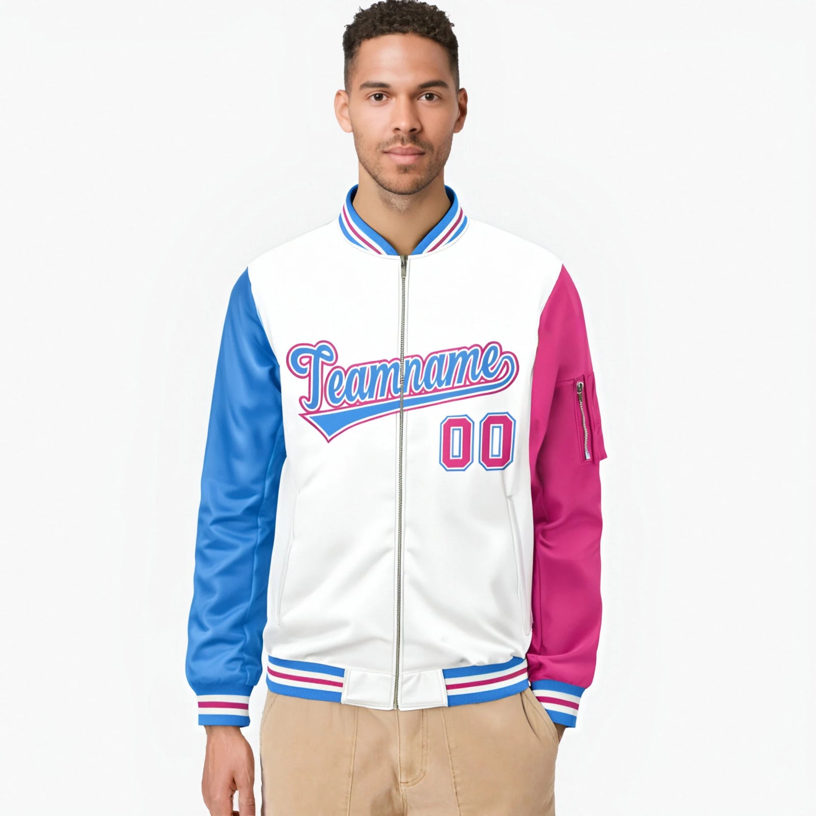 Custom White Pink-Powder Blue Varsity Full-Zip Raglan Sleeves Letterman Bomber Jacket