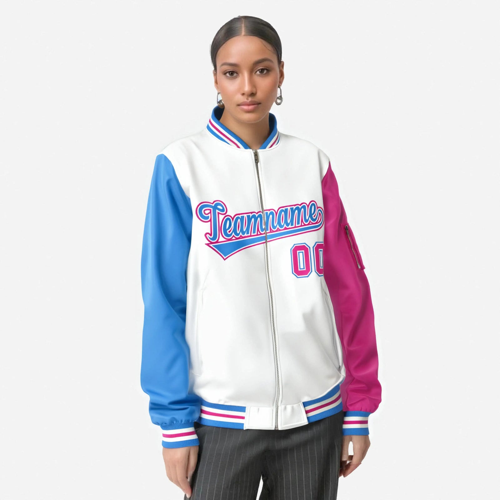 Custom White Pink-Powder Blue Varsity Full-Zip Raglan Sleeves Letterman Bomber Jacket