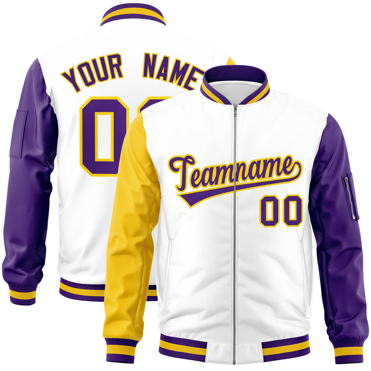 Custom White Gold-Purple Varsity Full-Zip Raglan Sleeves Letterman Bomber Jacket