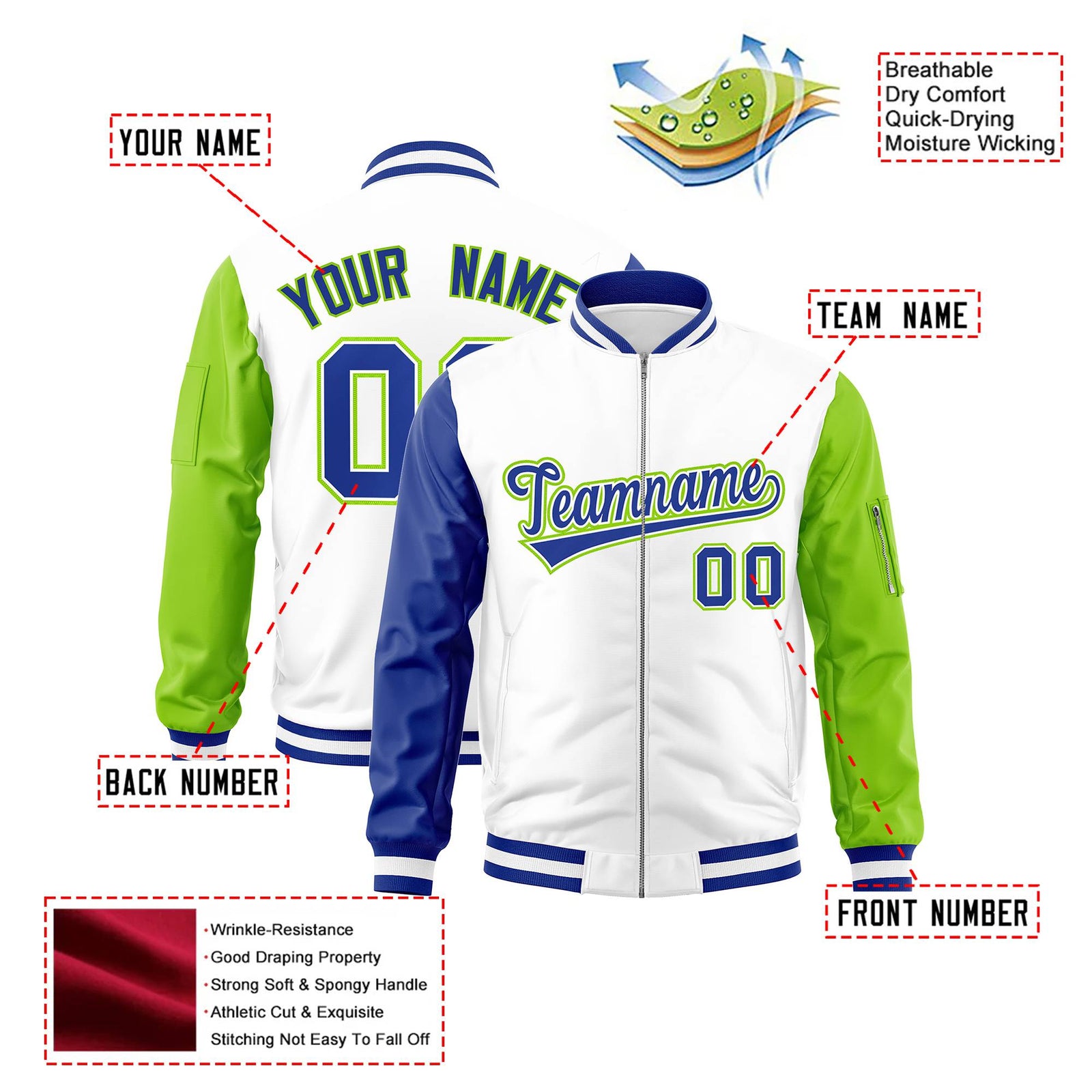 Custom White Neon Green-Royal Blue Varsity Full-Zip Raglan Sleeves Letterman Bomber Jacket