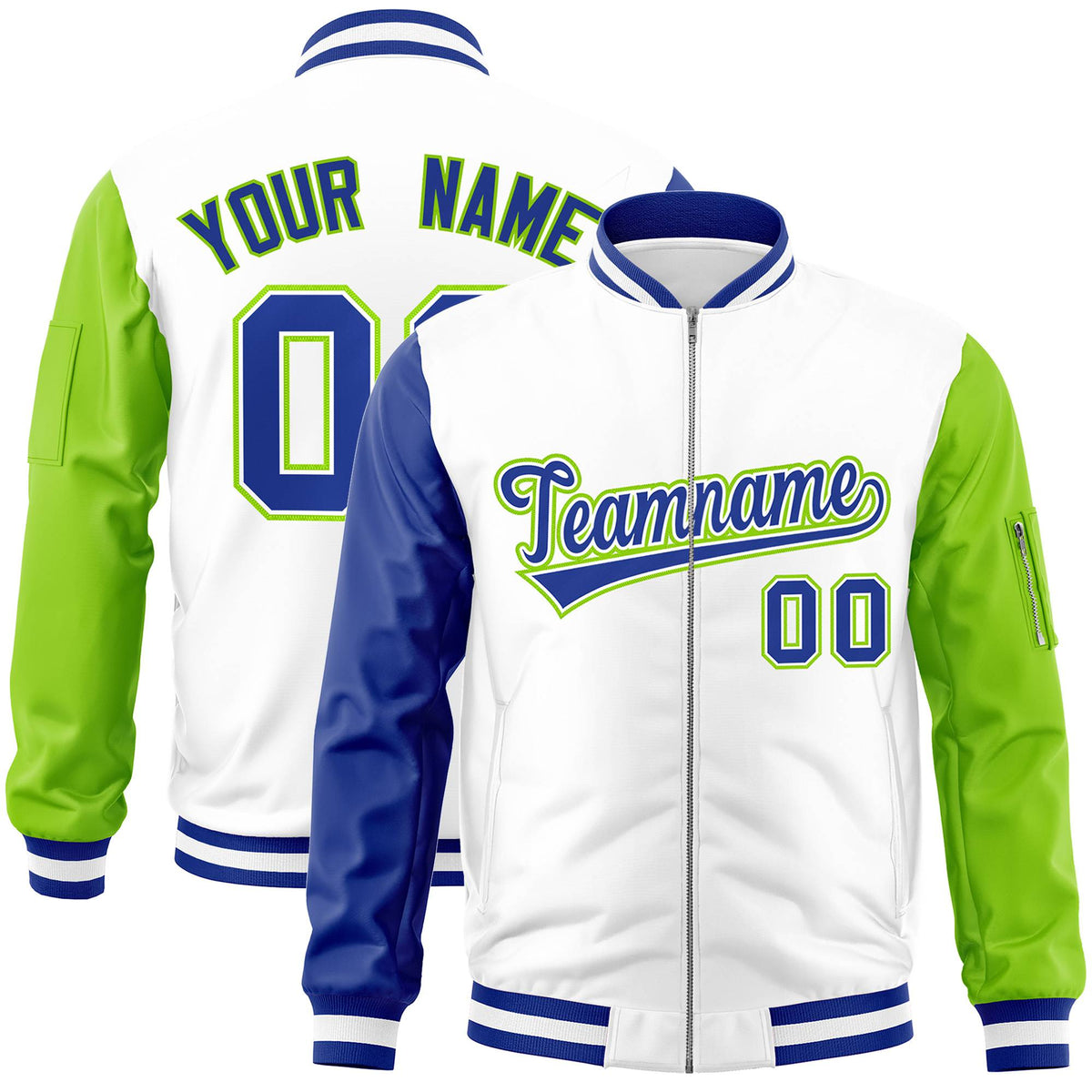 Custom White Neon Green-Royal Blue Varsity Full-Zip Raglan Sleeves Letterman Bomber Jacket