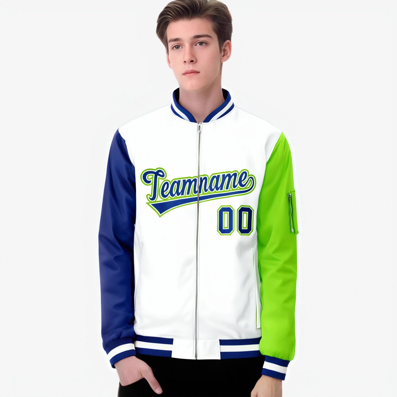 Custom White Neon Green-Royal Blue Varsity Full-Zip Raglan Sleeves Letterman Bomber Jacket