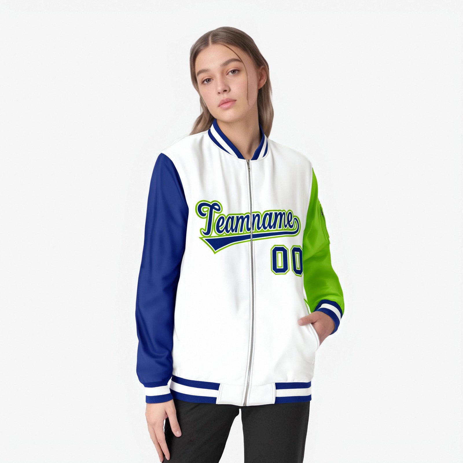 Custom White Neon Green-Royal Blue Varsity Full-Zip Raglan Sleeves Letterman Bomber Jacket