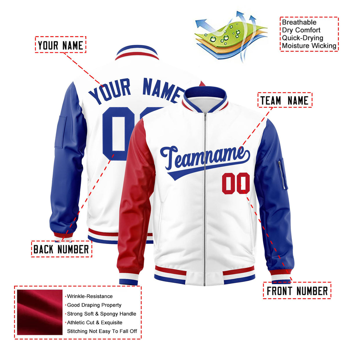 Custom White Royal Blue-Red Varsity Full-Zip Raglan Sleeves Letterman Bomber Jacket