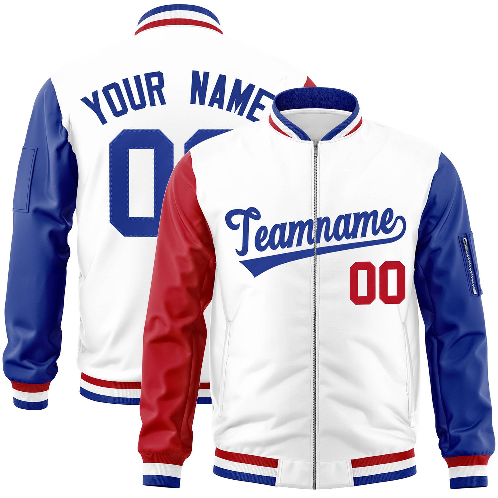 Custom White Royal Blue-Red Varsity Full-Zip Raglan Sleeves Letterman Bomber Jacket