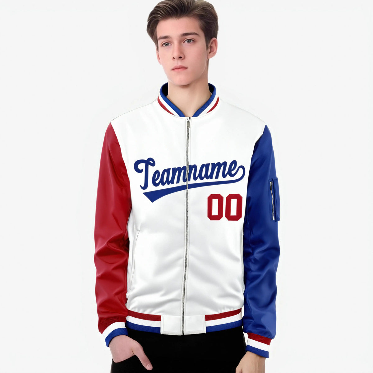 Custom White Royal Blue-Red Varsity Full-Zip Raglan Sleeves Letterman Bomber Jacket