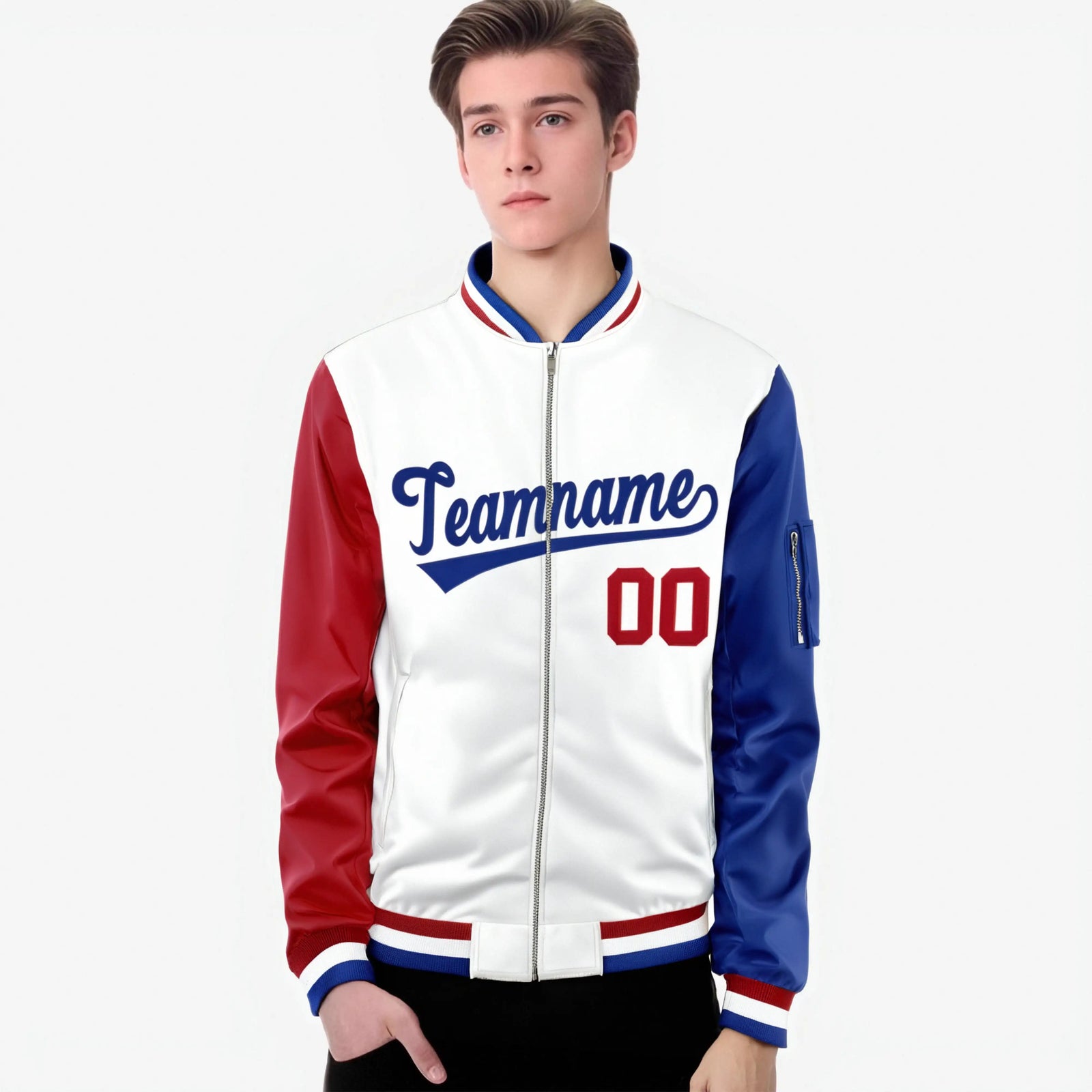 Custom White Royal Blue-Red Varsity Full-Zip Raglan Sleeves Letterman Bomber Jacket