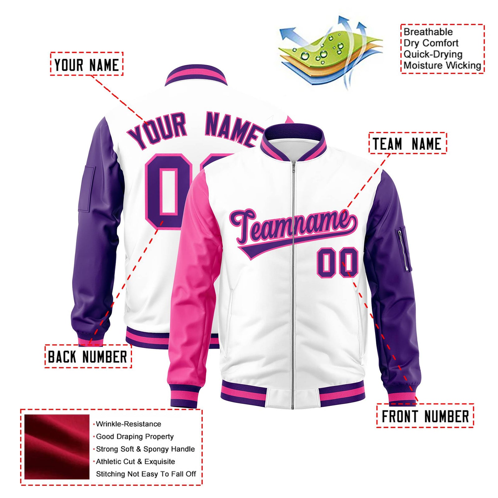 Custom White Purple-Pink Varsity Full-Zip Raglan Sleeves Letterman Bomber Jacket
