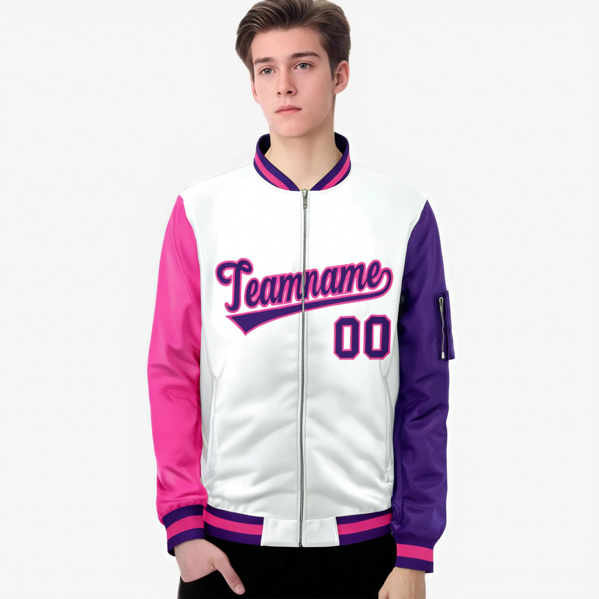 Custom White Purple-Pink Varsity Full-Zip Raglan Sleeves Letterman Bomber Jacket