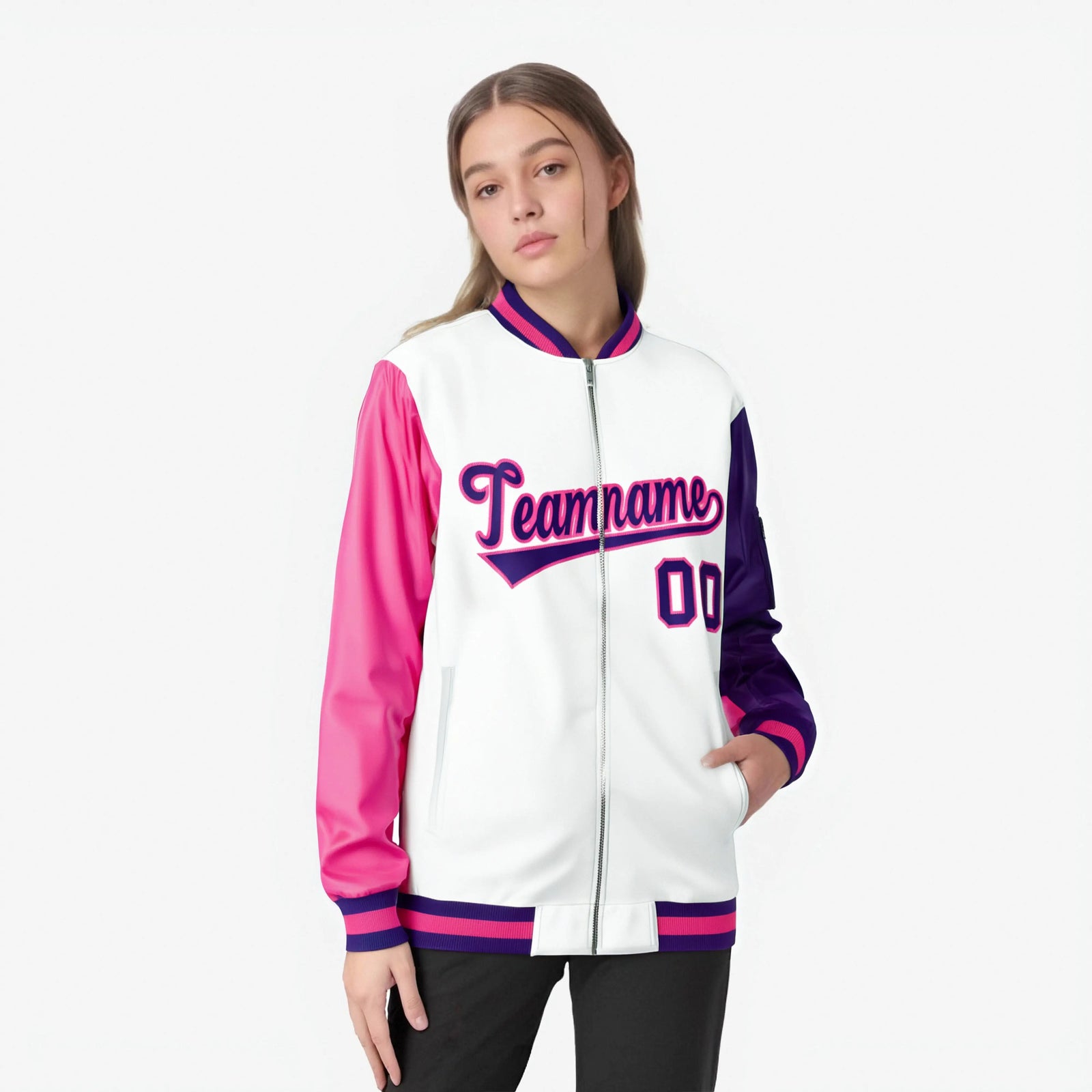 Custom White Purple-Pink Varsity Full-Zip Raglan Sleeves Letterman Bomber Jacket