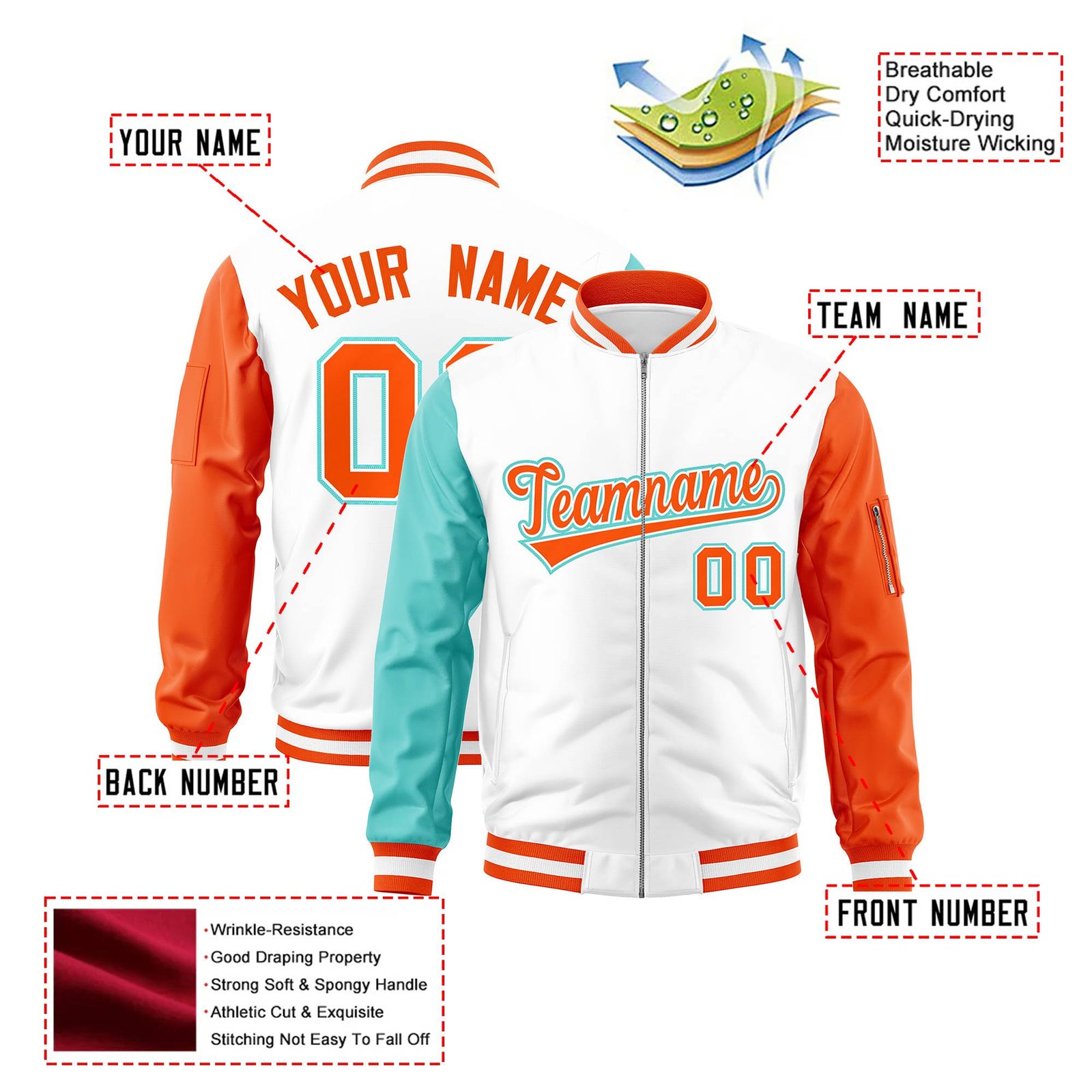 Custom White Orange-Aqua Varsity Full-Zip Raglan Sleeves Letterman Bomber Jacket