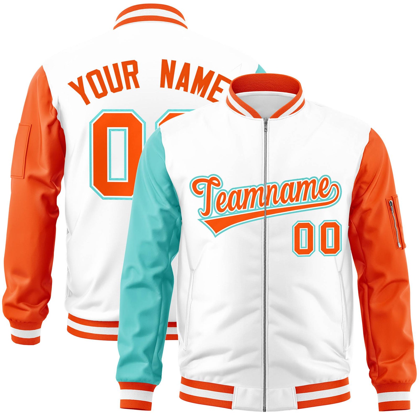 Custom White Orange-Aqua Varsity Full-Zip Raglan Sleeves Letterman Bomber Jacket