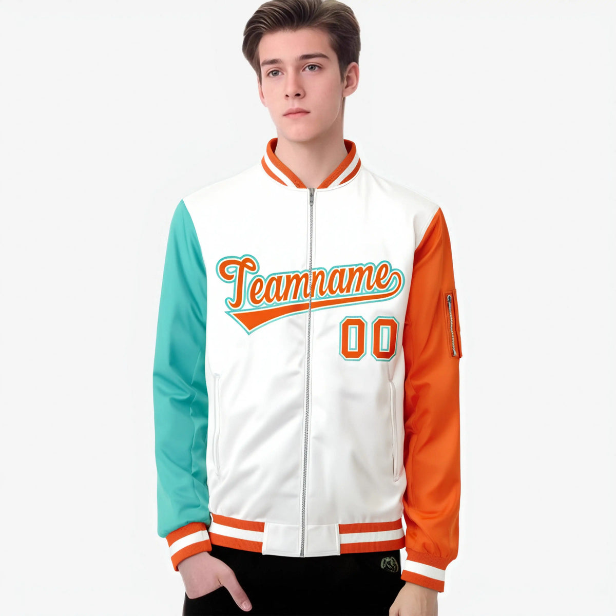Custom White Orange-Aqua Varsity Full-Zip Raglan Sleeves Letterman Bomber Jacket