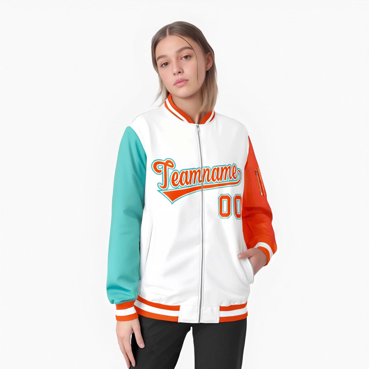 Custom White Orange-Aqua Varsity Full-Zip Raglan Sleeves Letterman Bomber Jacket