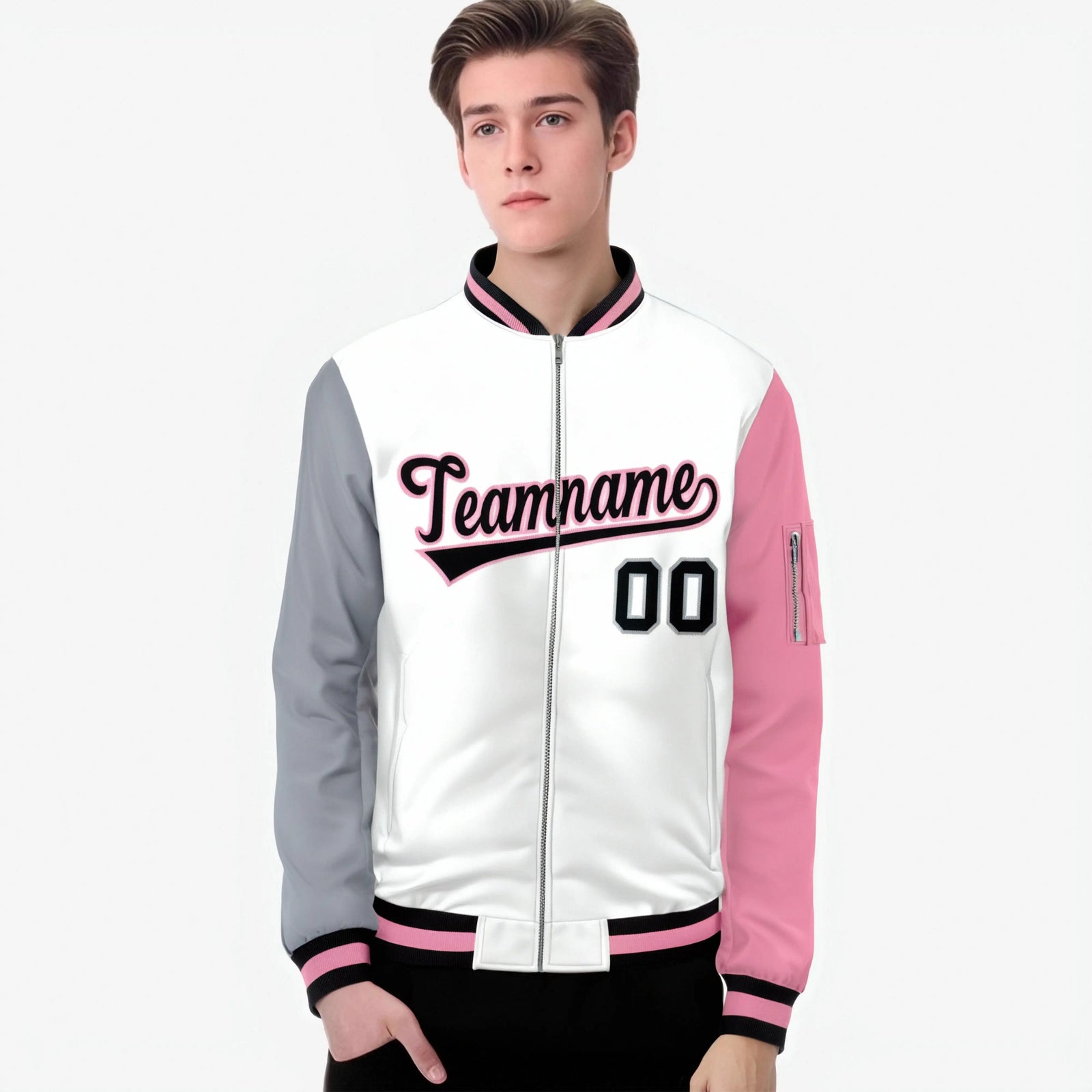 Custom White Light Pink-Gray Varsity Full-Zip Raglan Sleeves Letterman Bomber Jacket