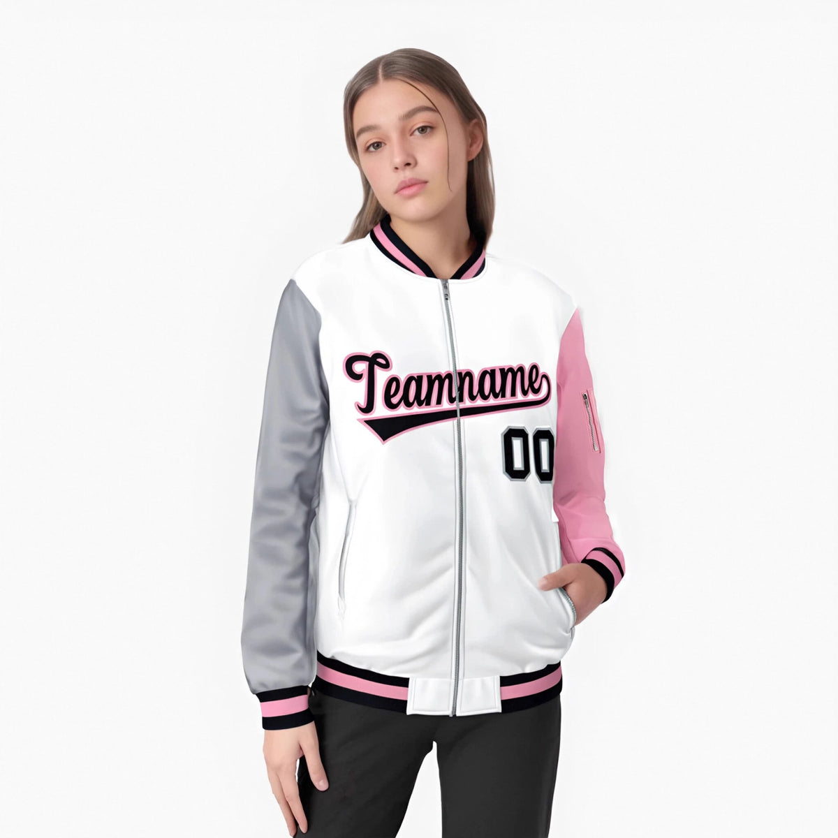 Custom White Light Pink-Gray Varsity Full-Zip Raglan Sleeves Letterman Bomber Jacket