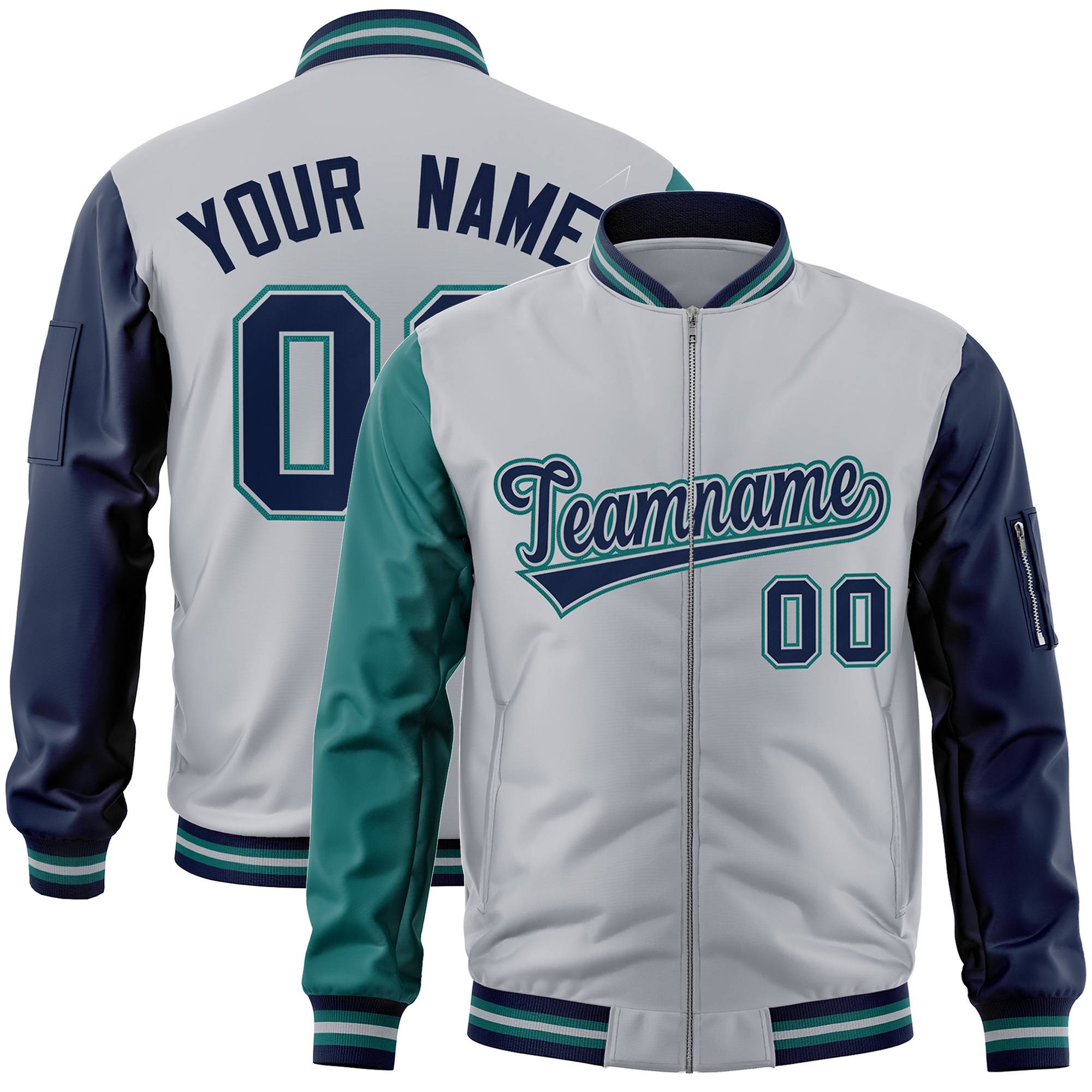 Custom White Navy-Aqua Varsity Full-Zip Raglan Sleeves Letterman Bomber Jacket