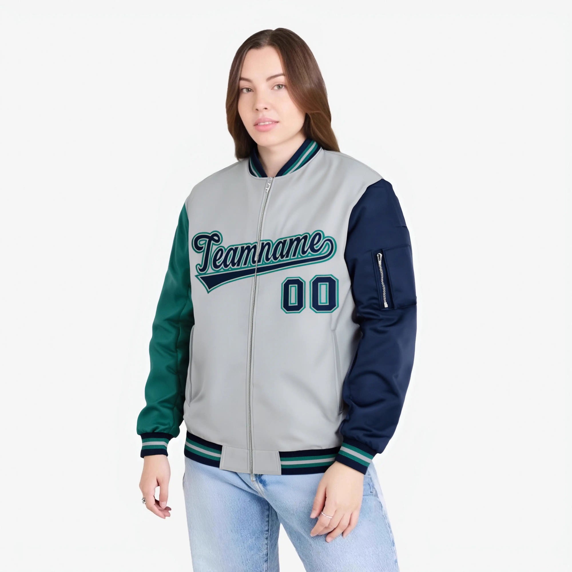 Custom White Navy-Aqua Varsity Full-Zip Raglan Sleeves Letterman Bomber Jacket