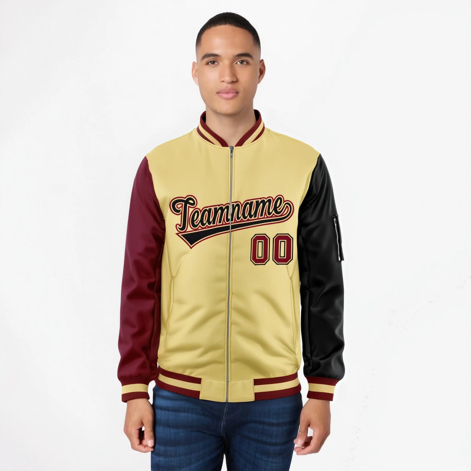 Custom Khaki Black-Crimson Varsity Full-Zip Raglan Sleeves Letterman Bomber Jacket