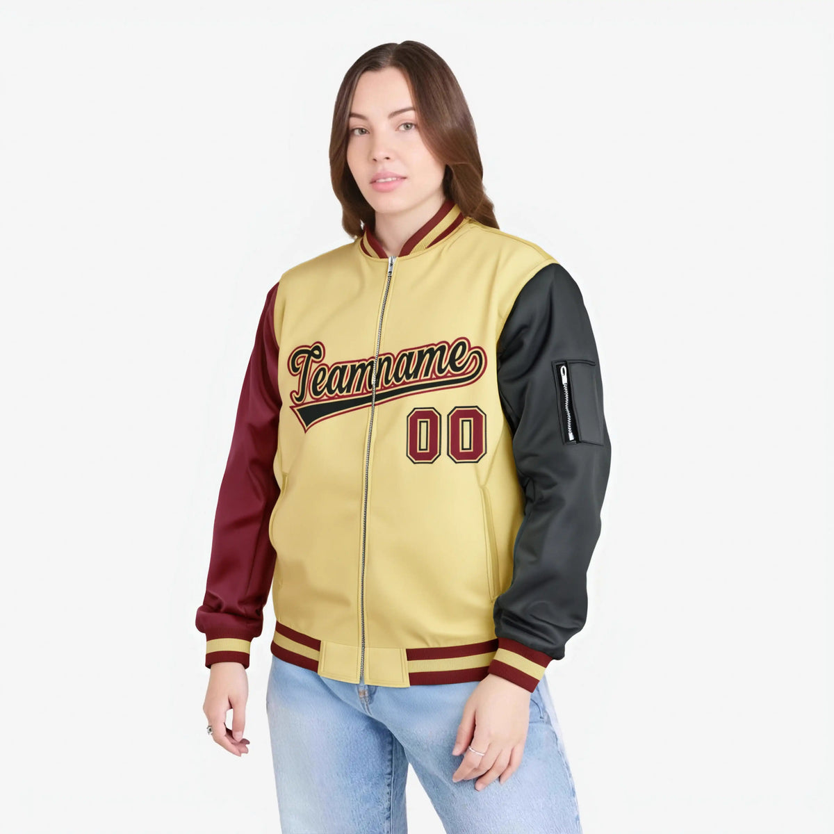 Custom Khaki Black-Crimson Varsity Full-Zip Raglan Sleeves Letterman Bomber Jacket