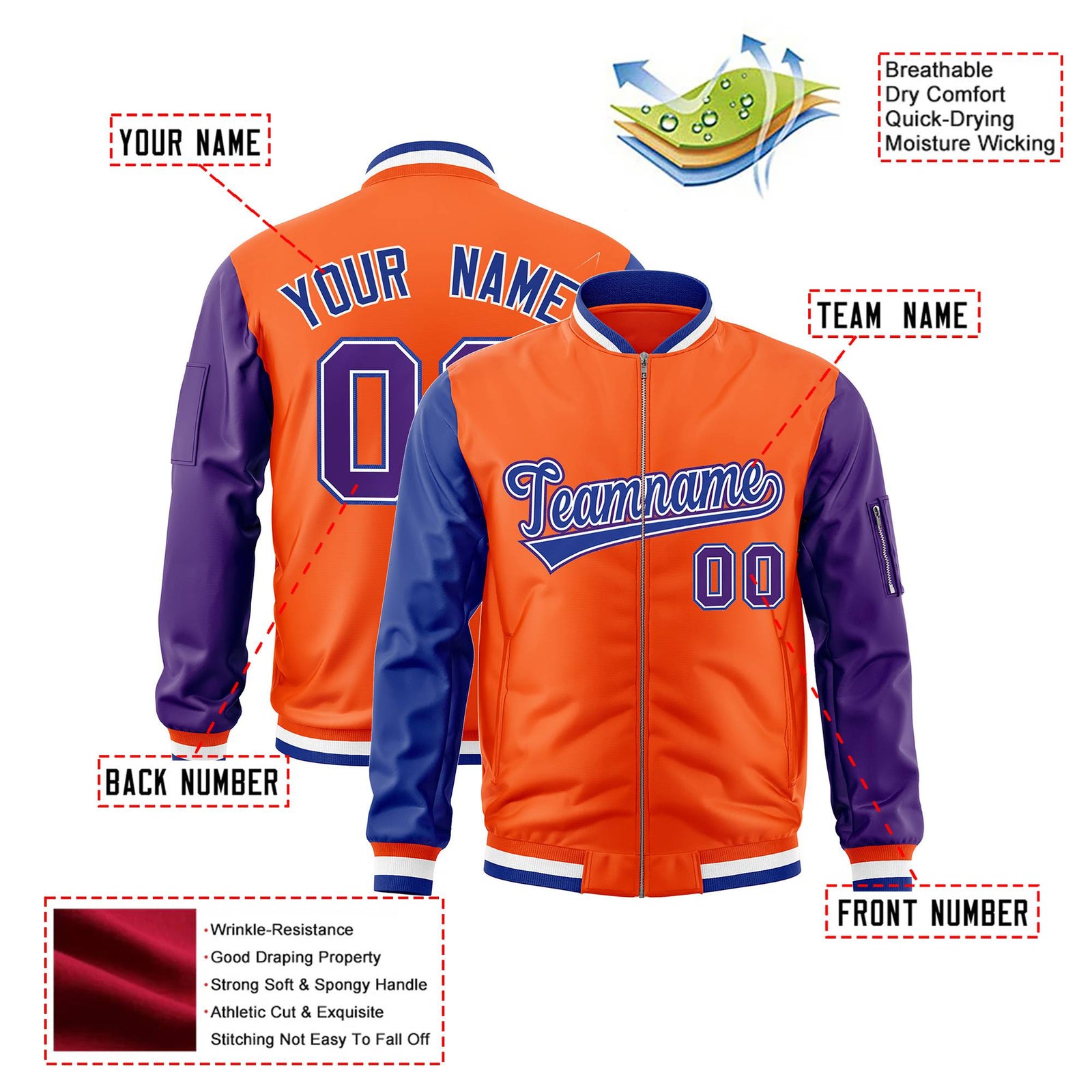 Custom Orange Purple-Royal Blue Varsity Full-Zip Raglan Sleeves Letterman Bomber Jacket