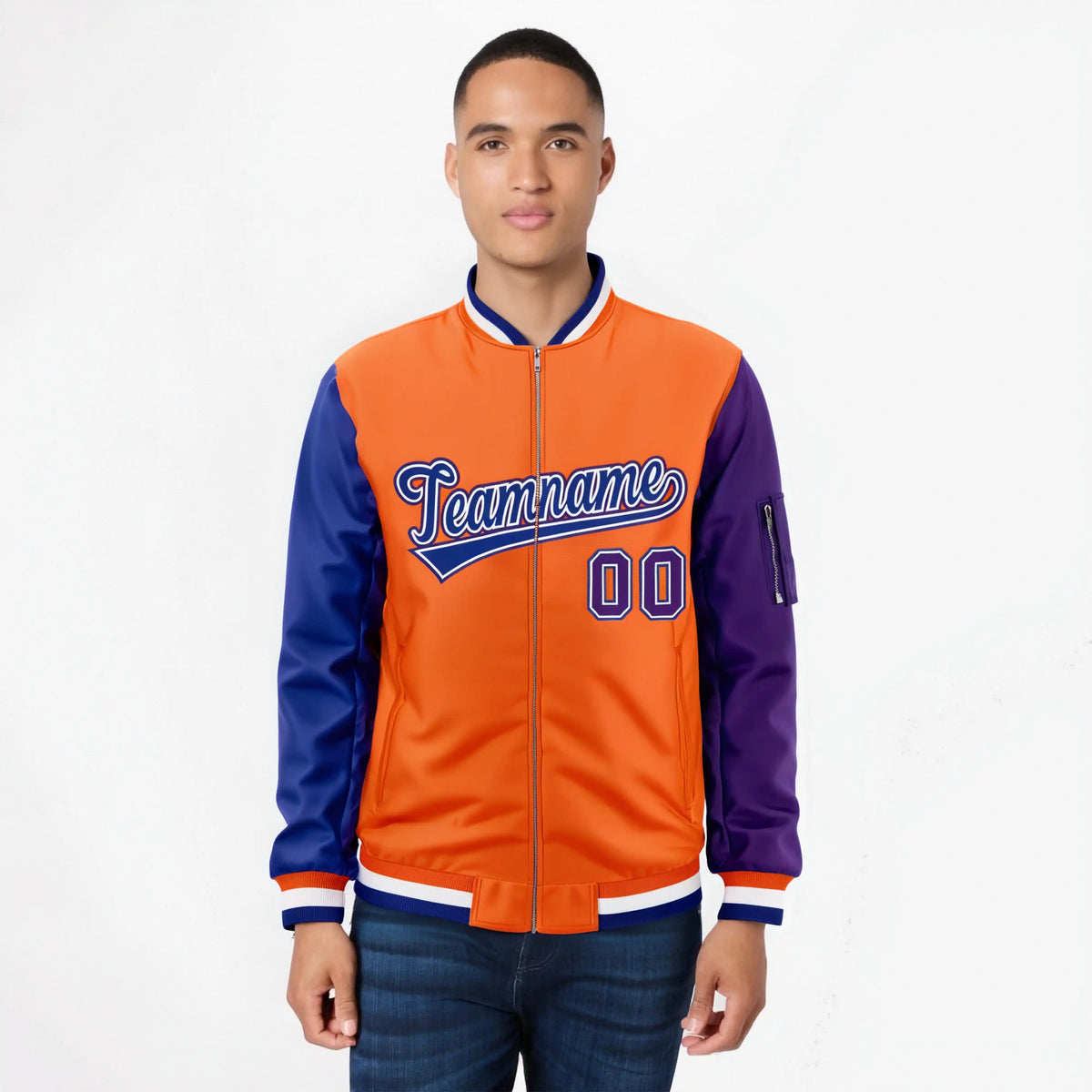 Custom Orange Purple-Royal Blue Varsity Full-Zip Raglan Sleeves Letterman Bomber Jacket