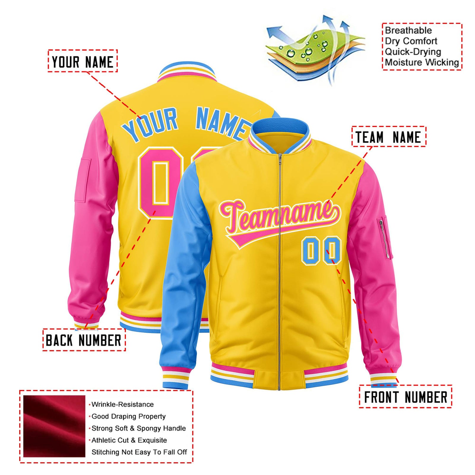 Custom Gold Pink-Powder Blue Varsity Full-Zip Raglan Sleeves Letterman Bomber Jacket