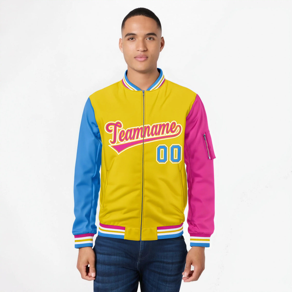 Custom Gold Pink-Powder Blue Varsity Full-Zip Raglan Sleeves Letterman Bomber Jacket