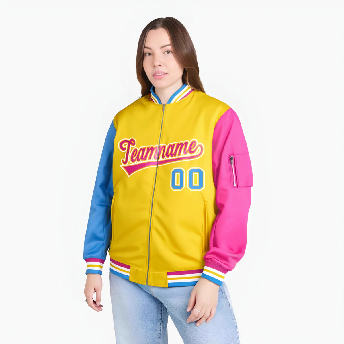 Custom Gold Pink-Powder Blue Varsity Full-Zip Raglan Sleeves Letterman Bomber Jacket