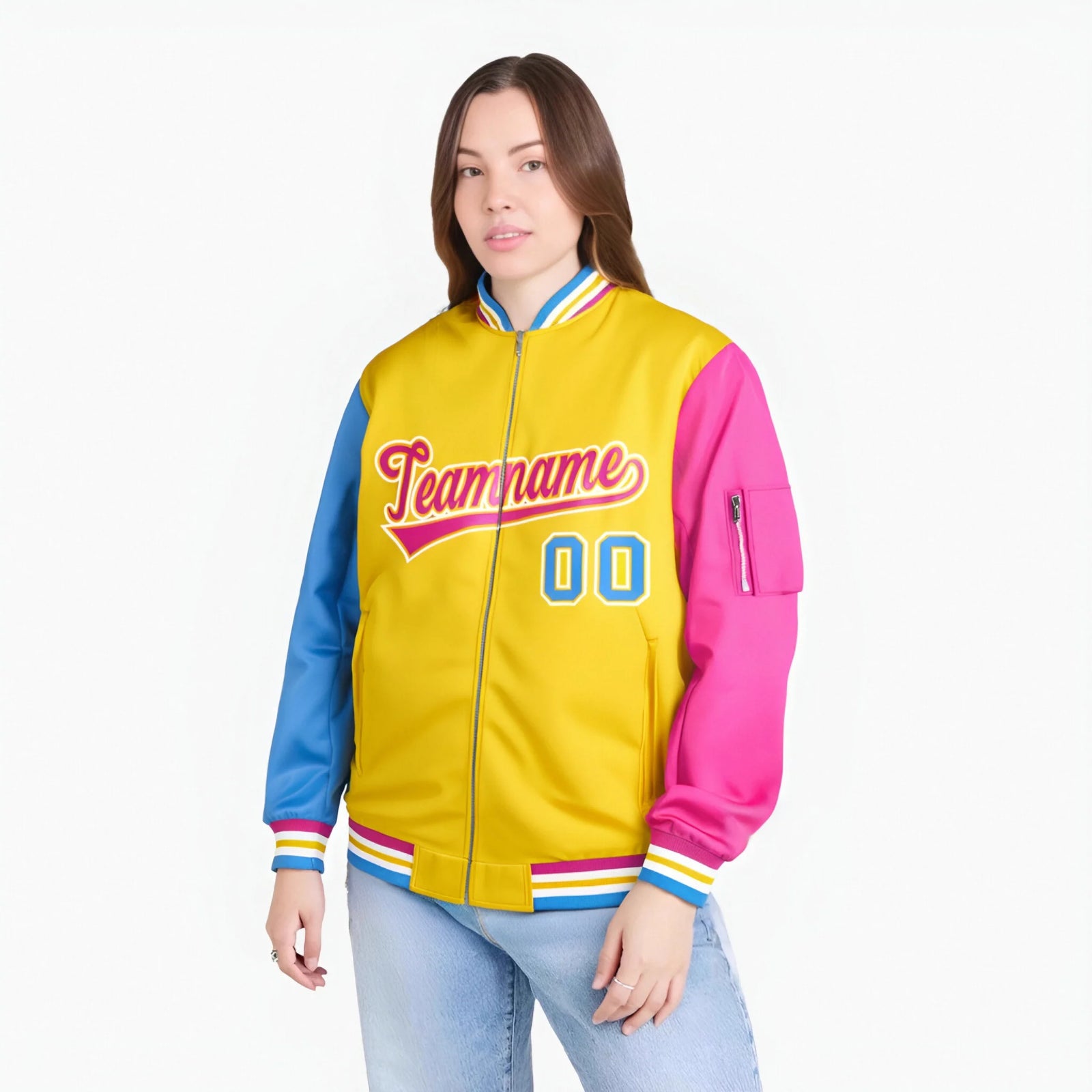 Custom Gold Pink-Powder Blue Varsity Full-Zip Raglan Sleeves Letterman Bomber Jacket