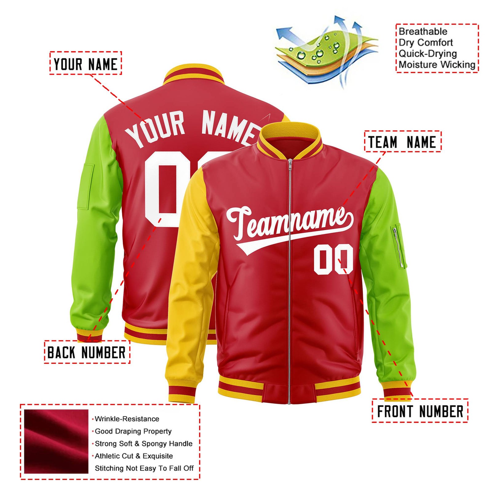 Custom Red Neon Green-Gold Varsity Full-Zip Raglan Sleeves Letterman Bomber Jacket
