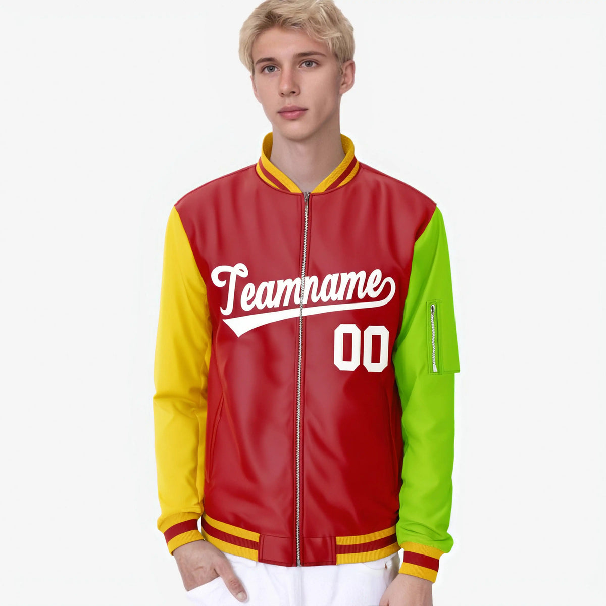 Custom Red Neon Green-Gold Varsity Full-Zip Raglan Sleeves Letterman Bomber Jacket