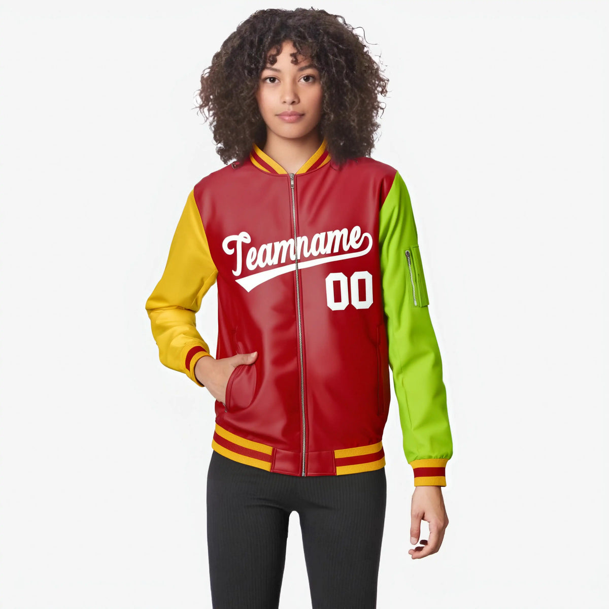 Custom Red Neon Green-Gold Varsity Full-Zip Raglan Sleeves Letterman Bomber Jacket
