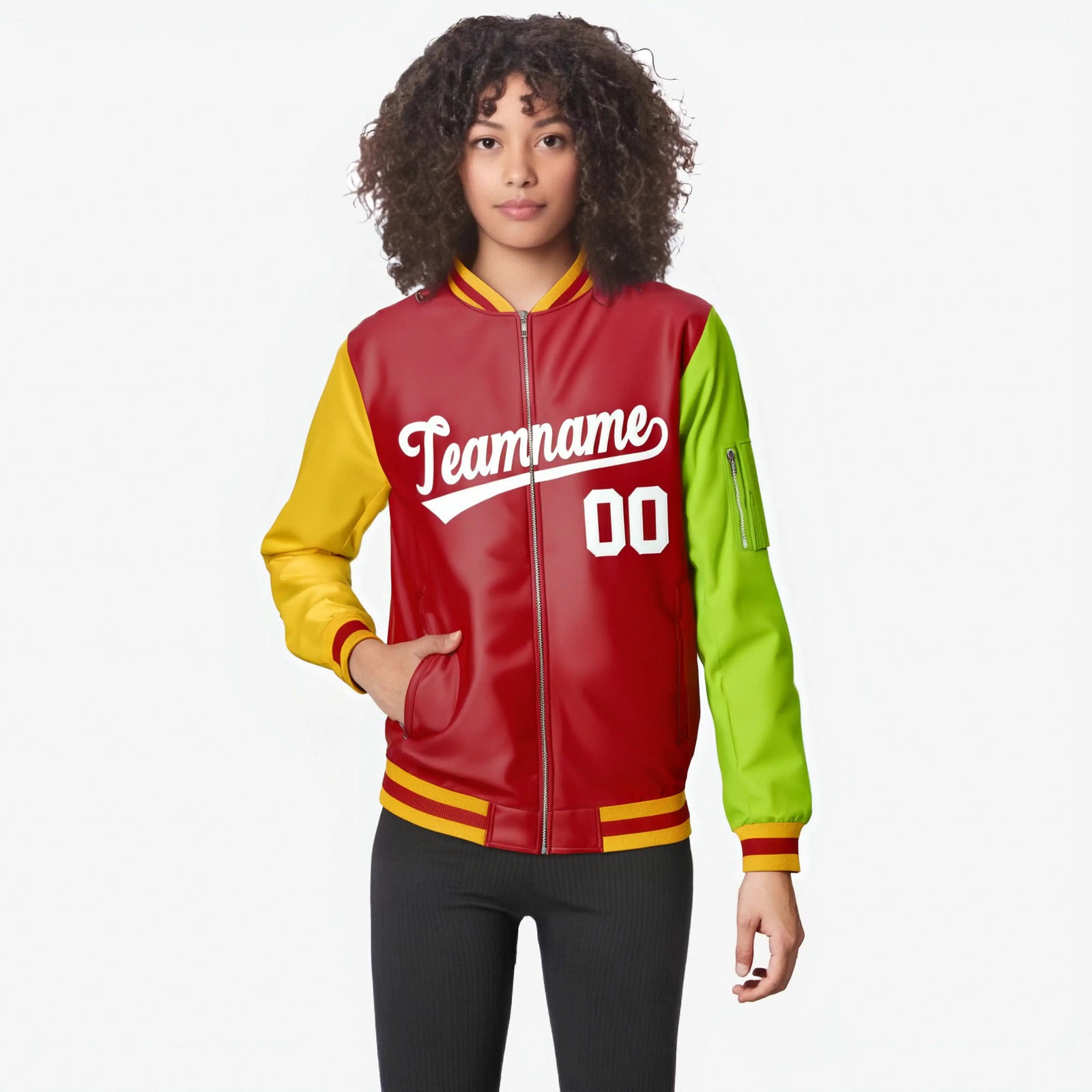 Custom Red Neon Green-Gold Varsity Full-Zip Raglan Sleeves Letterman Bomber Jacket