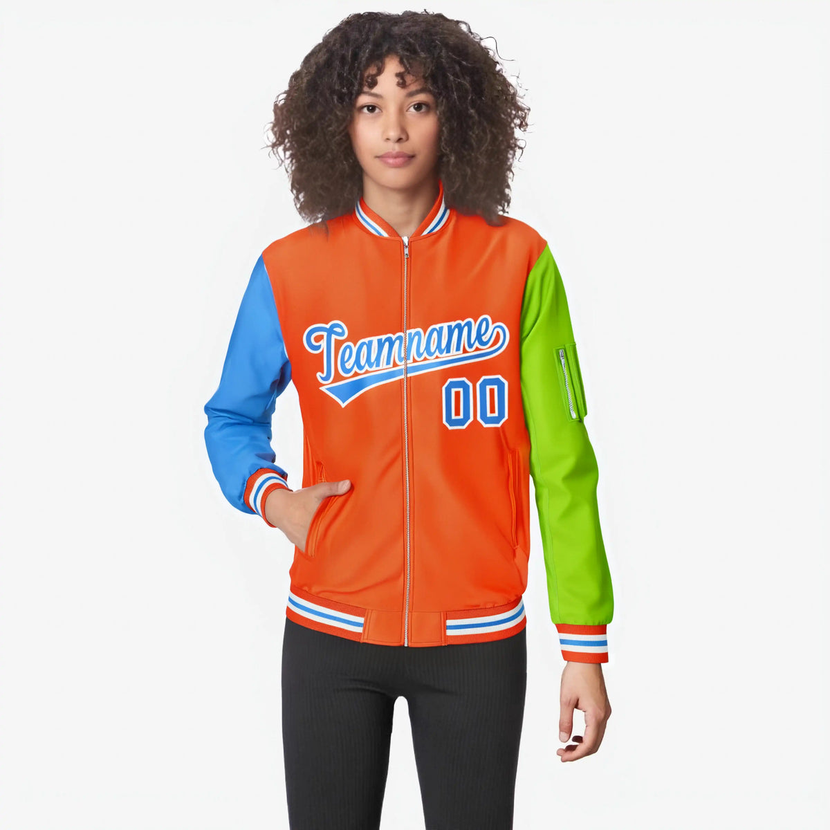Custom Orange Neon Green-Powder Blue Varsity Full-Zip Raglan Sleeves Letterman Bomber Jacket