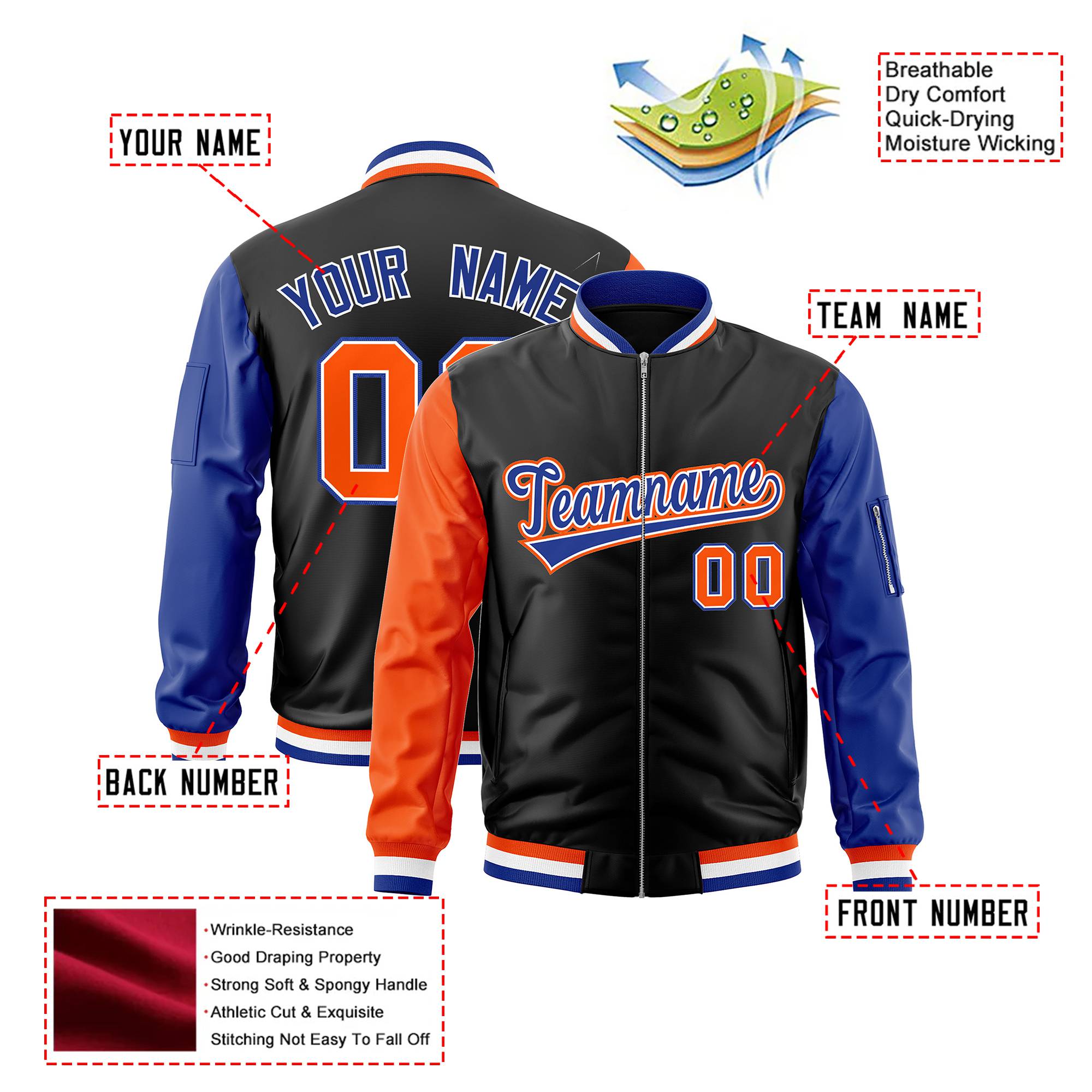 Custom Black Royal Blue-Orange Varsity Full-Zip Raglan Sleeves Letterman Bomber Jacket