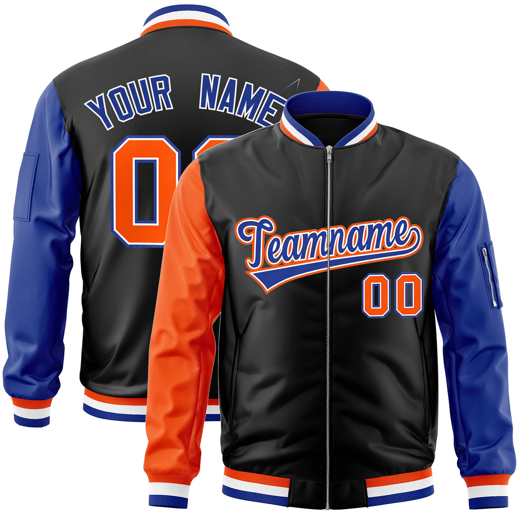 Custom Black Royal Blue-Orange Varsity Full-Zip Raglan Sleeves Letterman Bomber Jacket