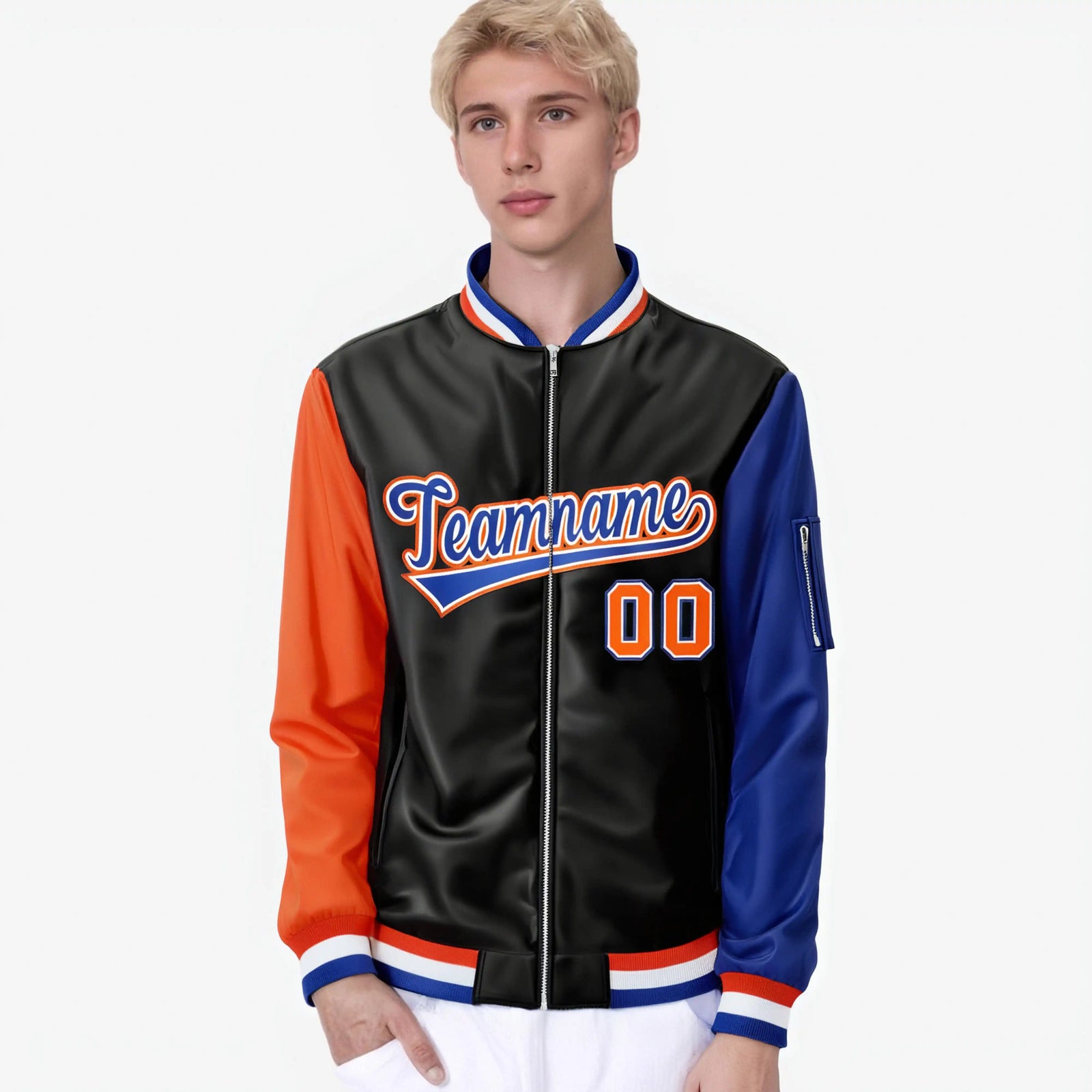 Custom Black Royal Blue-Orange Varsity Full-Zip Raglan Sleeves Letterman Bomber Jacket