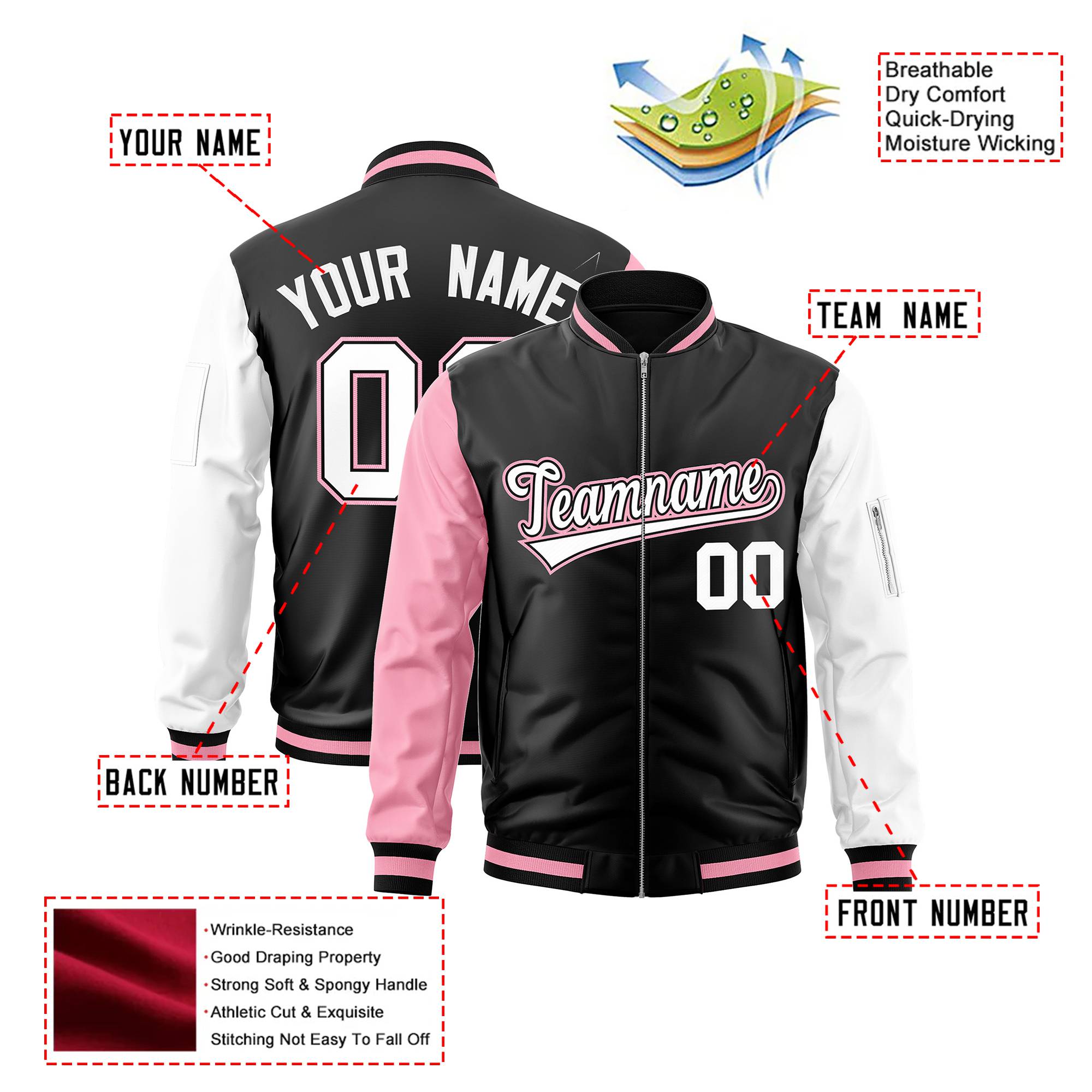 Custom Black White-Light Pink Varsity Full-Zip Raglan Sleeves Letterman Bomber Jacket